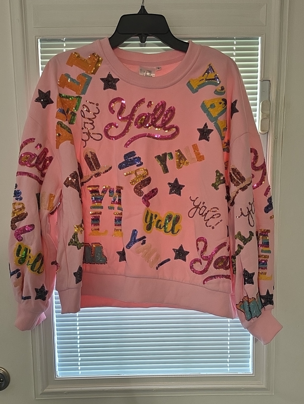 QUEEN OF SPARKLES Pink Sequin "Y'all" Graphic Crewneck Sweater